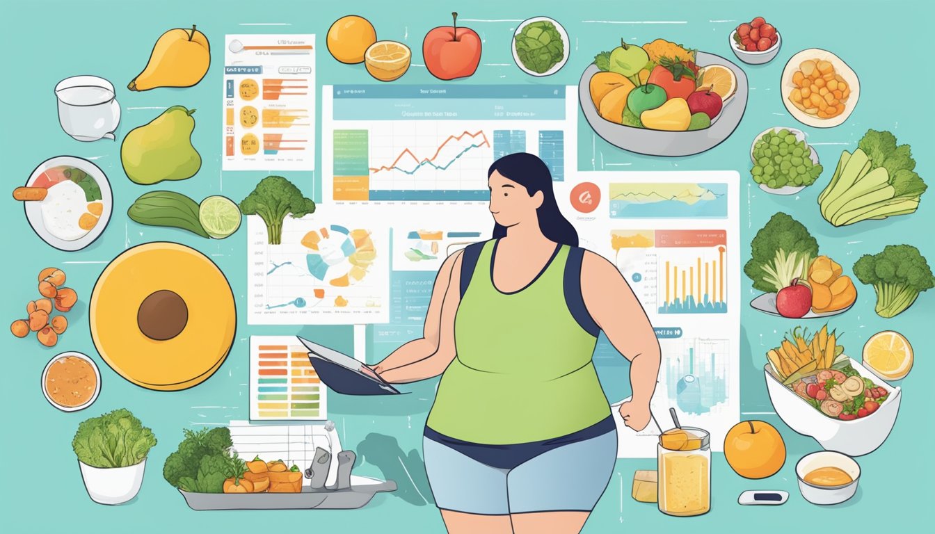 A person tracking their weight loss journey through a series of progress charts and graphs, surrounded by motivational quotes and healthy food choices