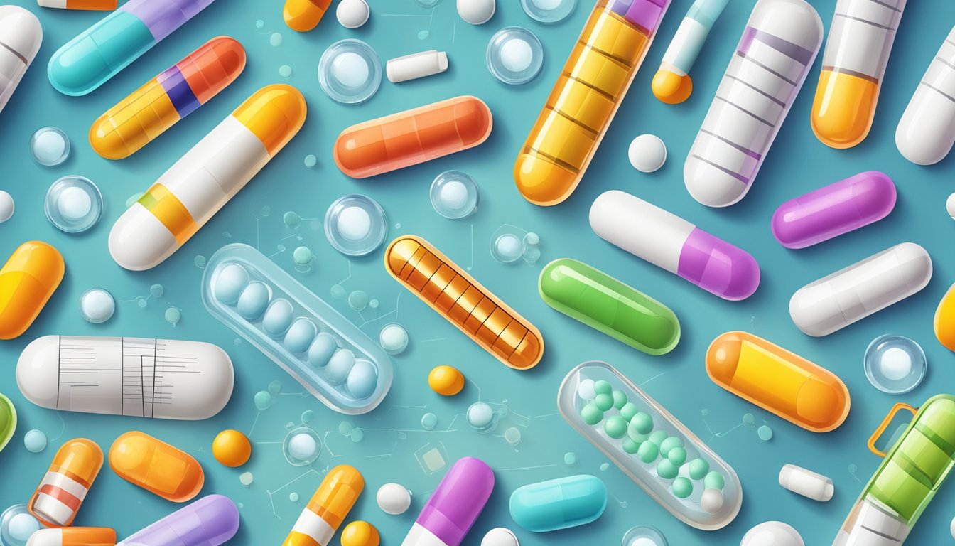 A colorful array of pills and capsules, surrounded by chemical structures and scientific diagrams, with a scale and measuring tape in the background