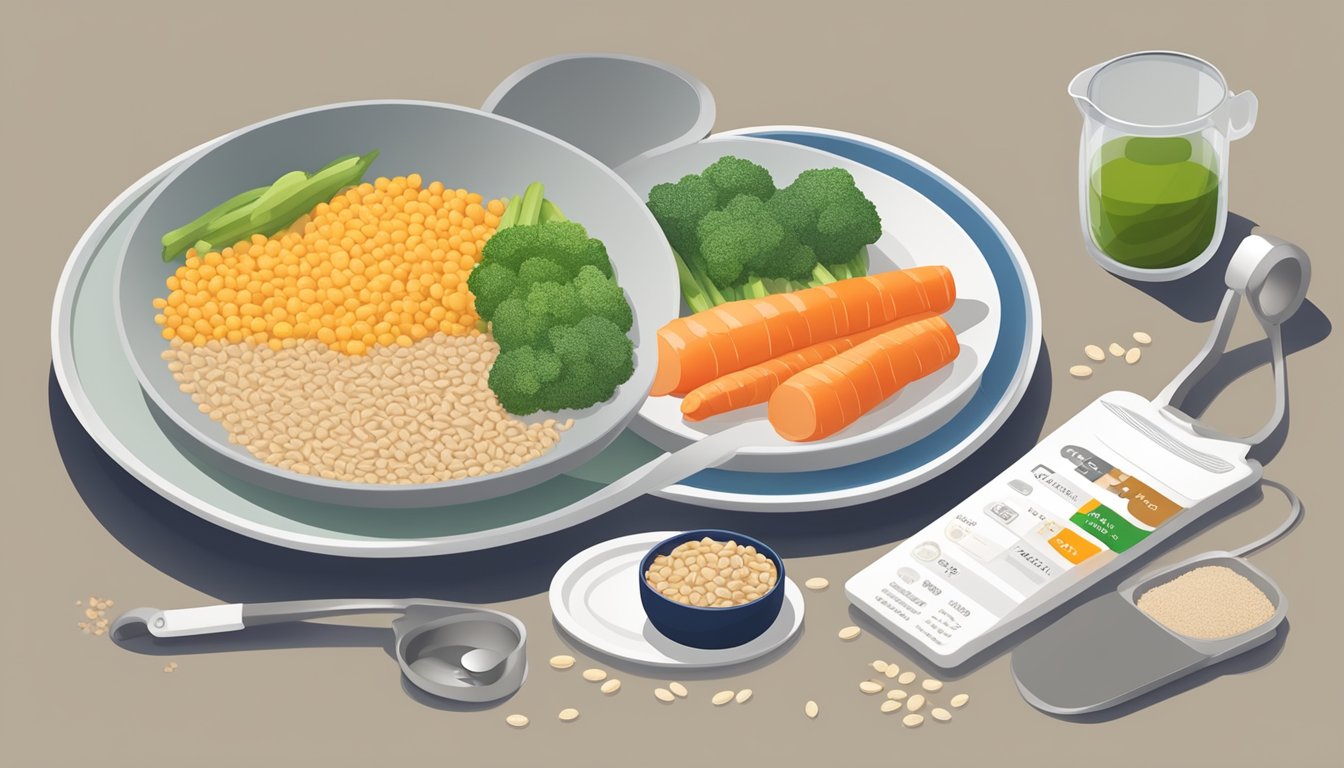 A plate with carefully measured portions of protein, vegetables, and whole grains, with a measuring cup and food scale nearby