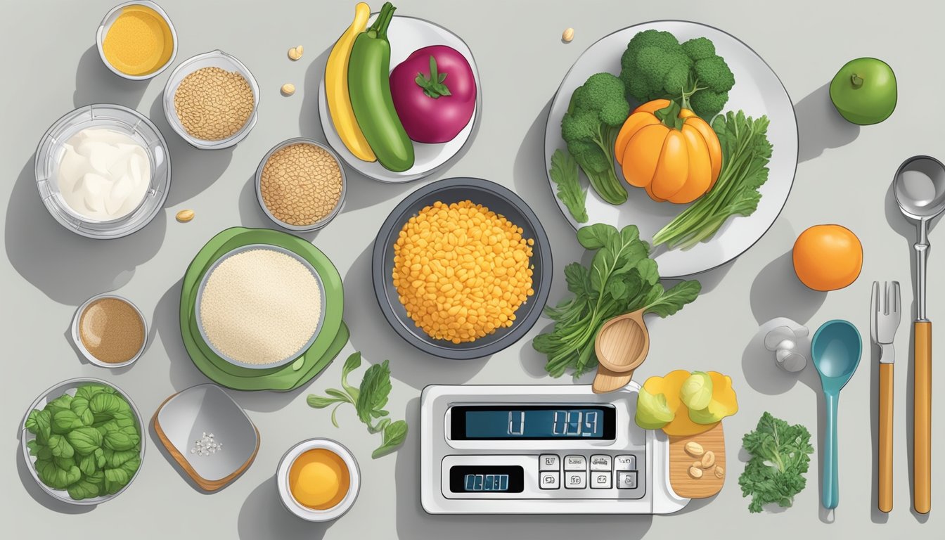 A kitchen counter with a variety of portion control tools such as measuring cups, spoons, and a food scale. A plate with balanced portions of protein, vegetables, and grains