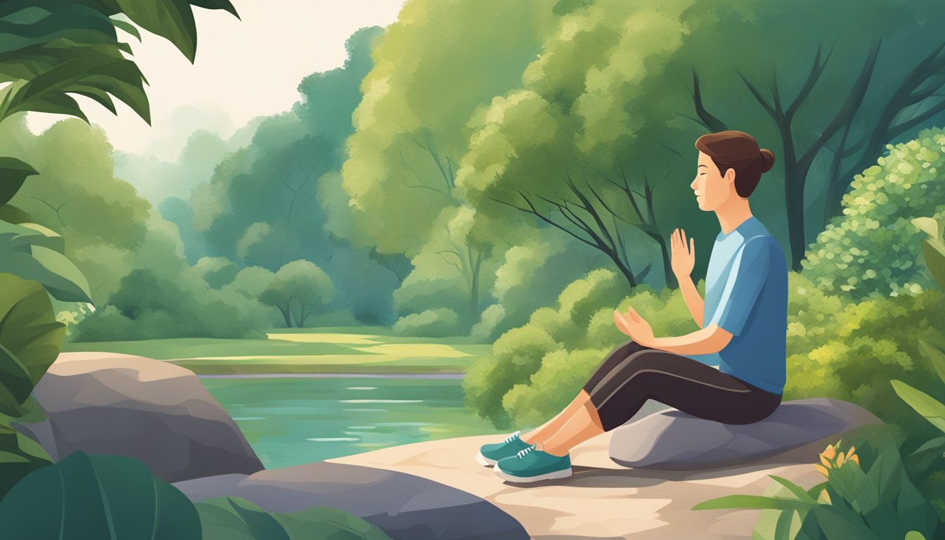 A person sitting in a peaceful garden, surrounded by lush greenery and calming scenery, practicing deep breathing and mindfulness exercises to manage stress and improve diabetes control