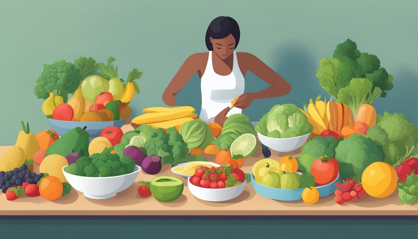 A person measuring out portions of healthy foods while surrounded by fruits, vegetables, and a scale