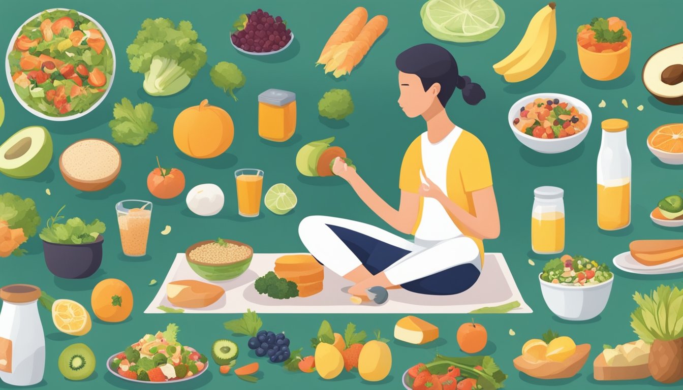 A person engaging in physical activity while practicing mindful eating techniques, surrounded by healthy food options