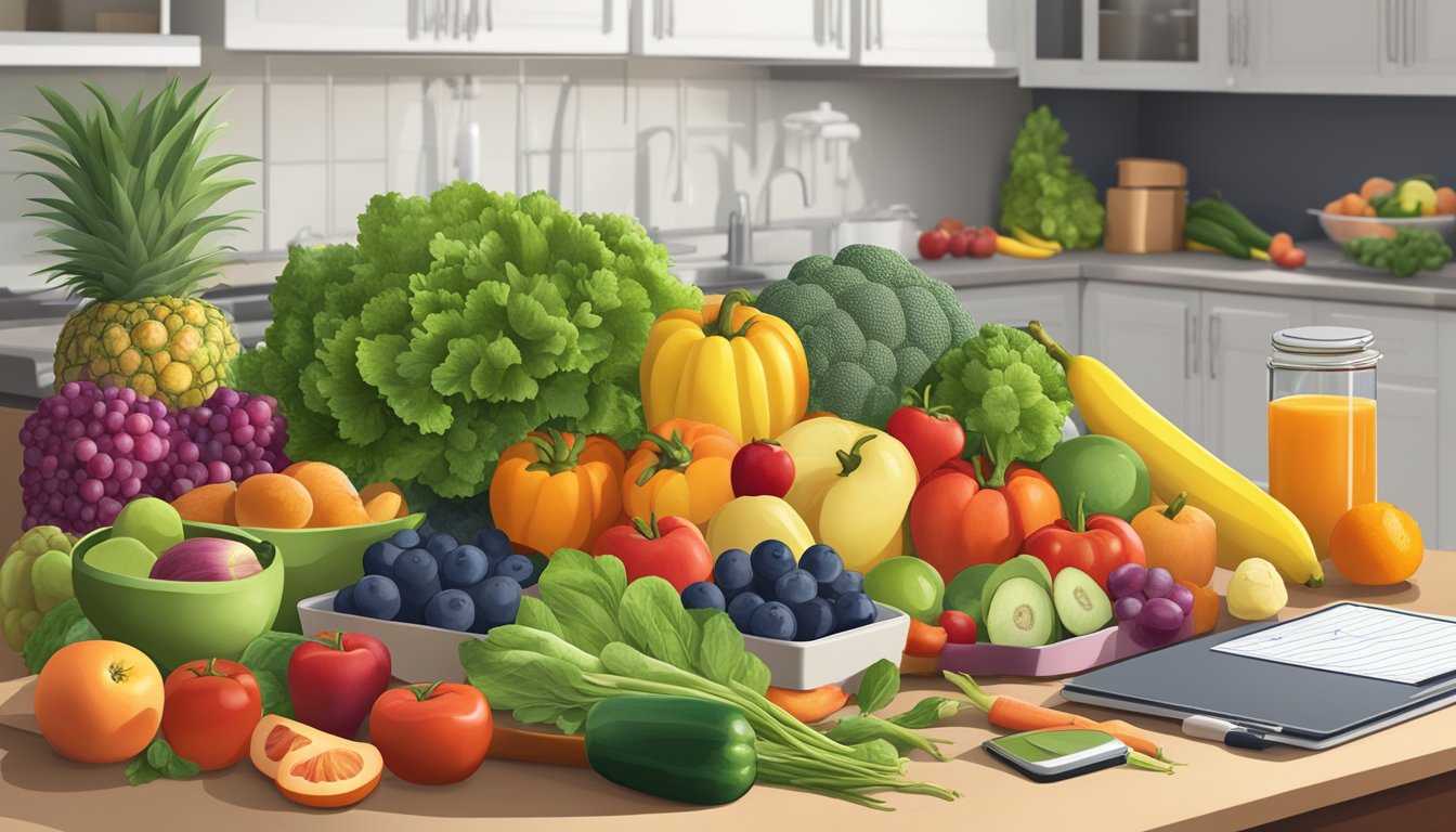 A colorful array of fresh fruits and vegetables arranged on a kitchen counter, alongside a measuring scale and a notebook filled with meal plans and mindful eating techniques for diabetics on a weight loss journey