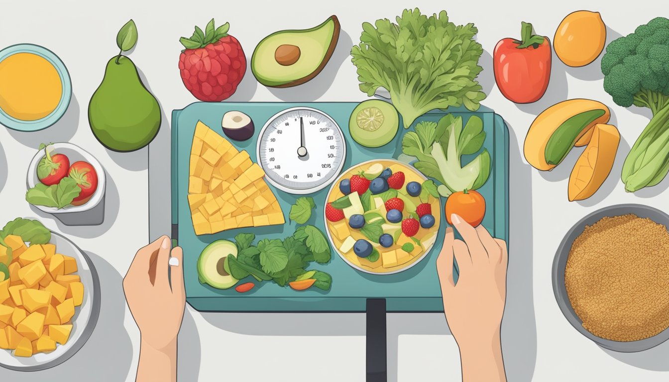 A table with a variety of healthy food options, a journal for tracking intake, and a person using a food scale to measure portions