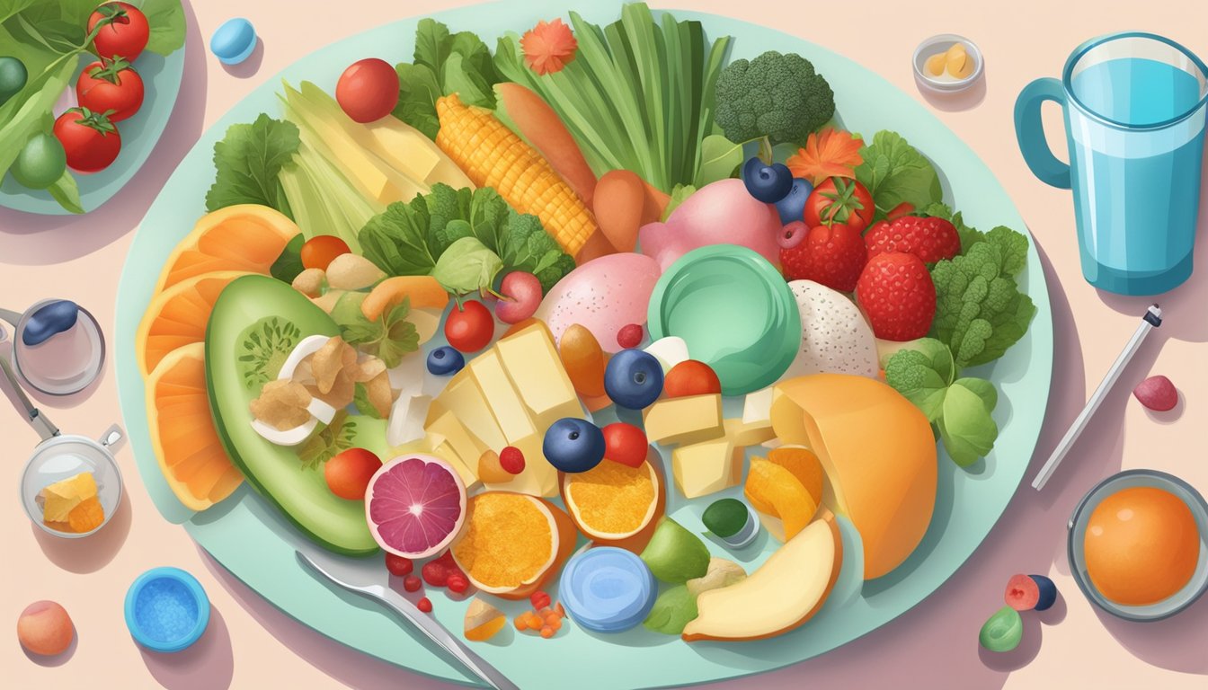 A colorful plate of high-fiber foods surrounded by medication and a blood glucose monitor