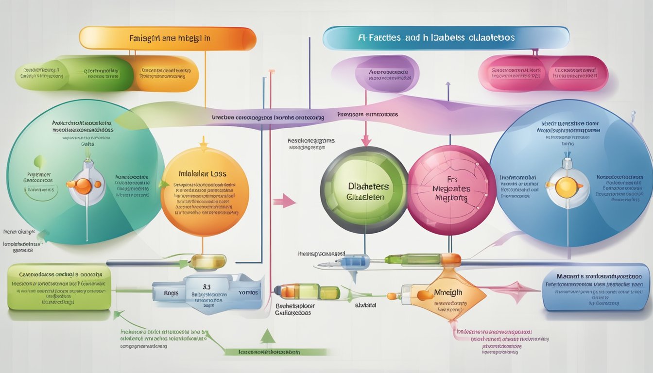 A diagram showing the interaction between hormones and weight loss in diabetes, with insulin and glucagon affecting fat storage and metabolism