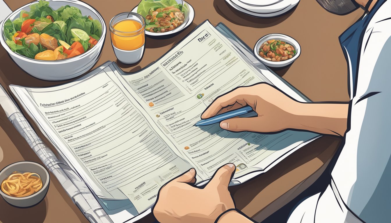 A person with diabetes carefully scanning a restaurant menu, with a focus on healthy options and portion sizes, while considering their dietary needs and weight management