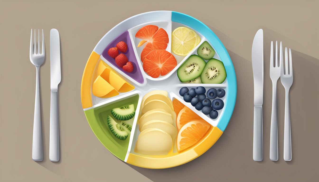 A colorful plate divided into sections with portioned food representing a balanced meal