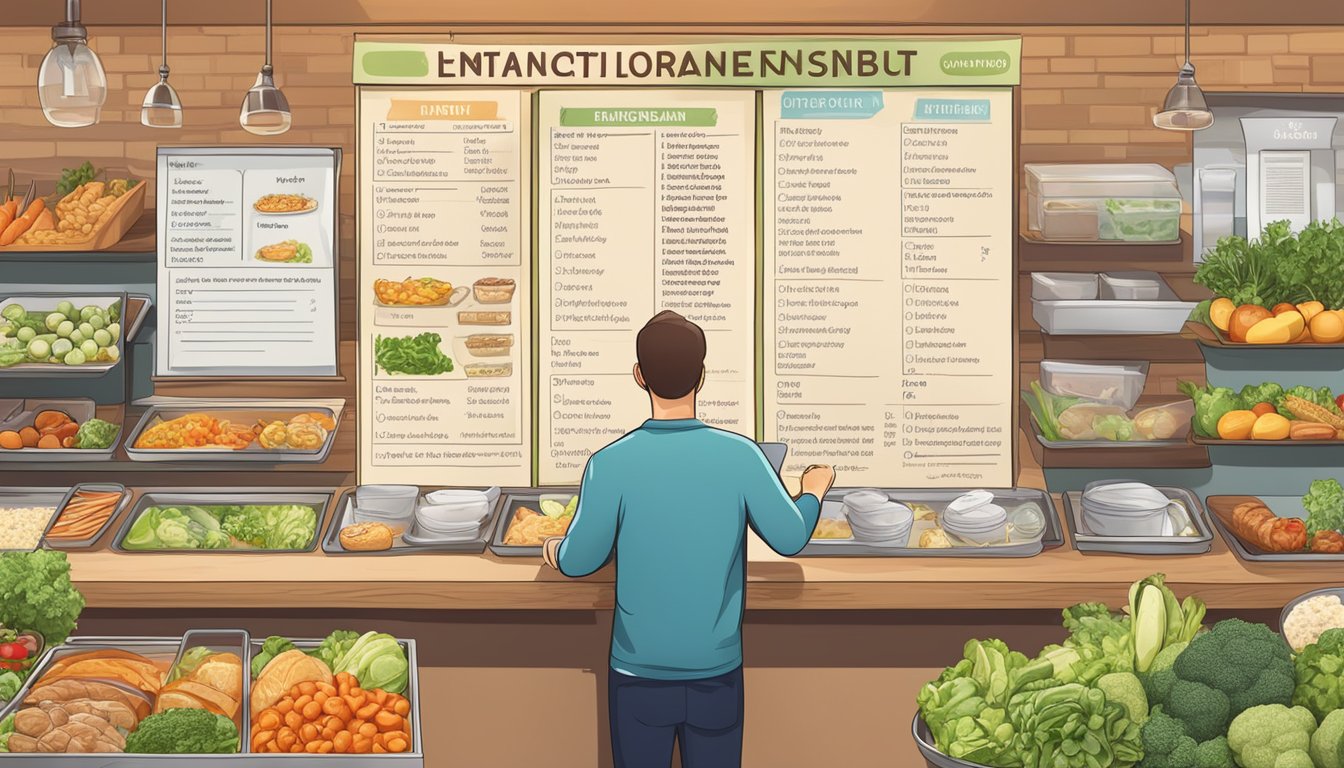 A person with a diabetic meal plan studying a restaurant menu, surrounded by healthy food options and nutritional information