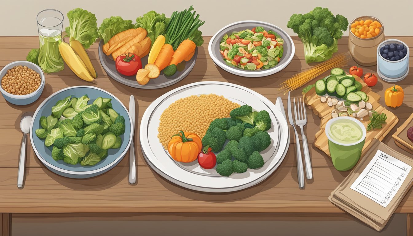 A table set with a variety of healthy food options, including vegetables, lean proteins, and whole grains, with a menu featuring clear nutritional information