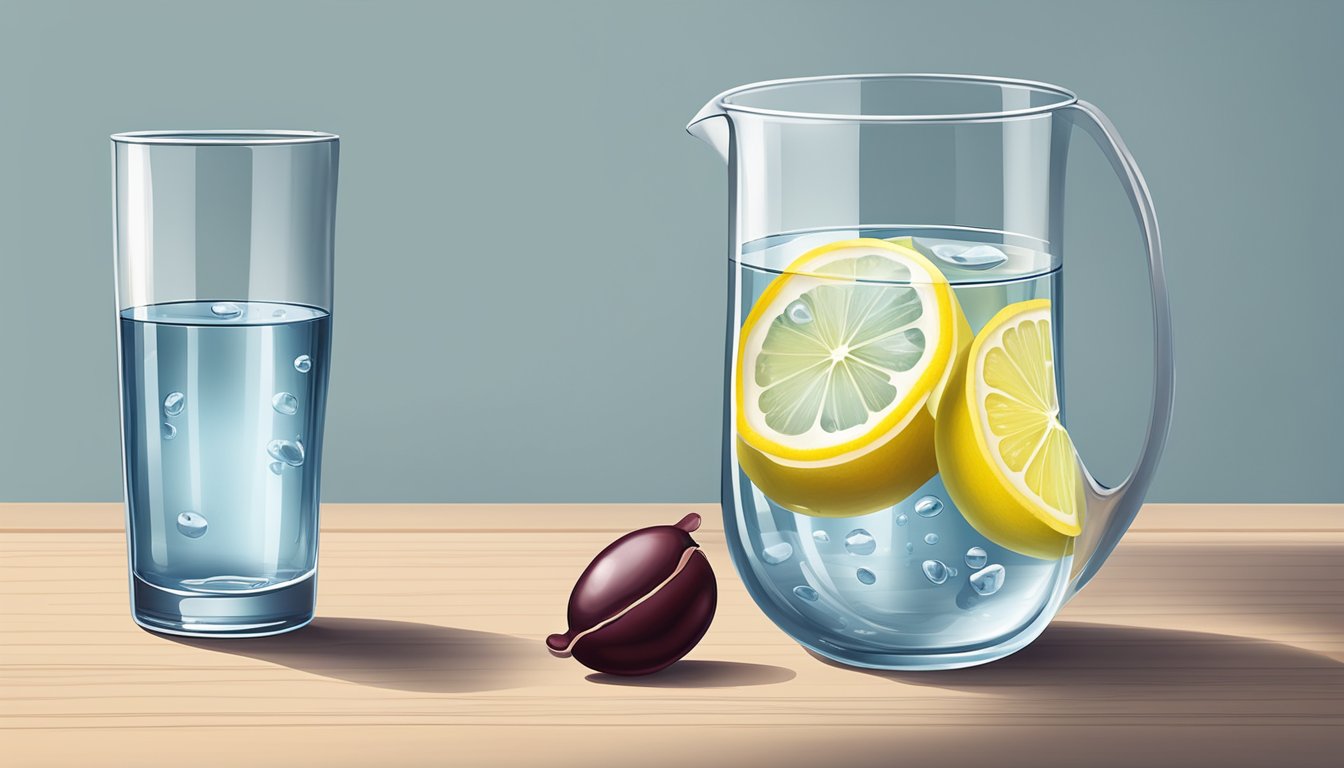 A clear glass of water with a slice of lemon and a kidney bean next to it on a table