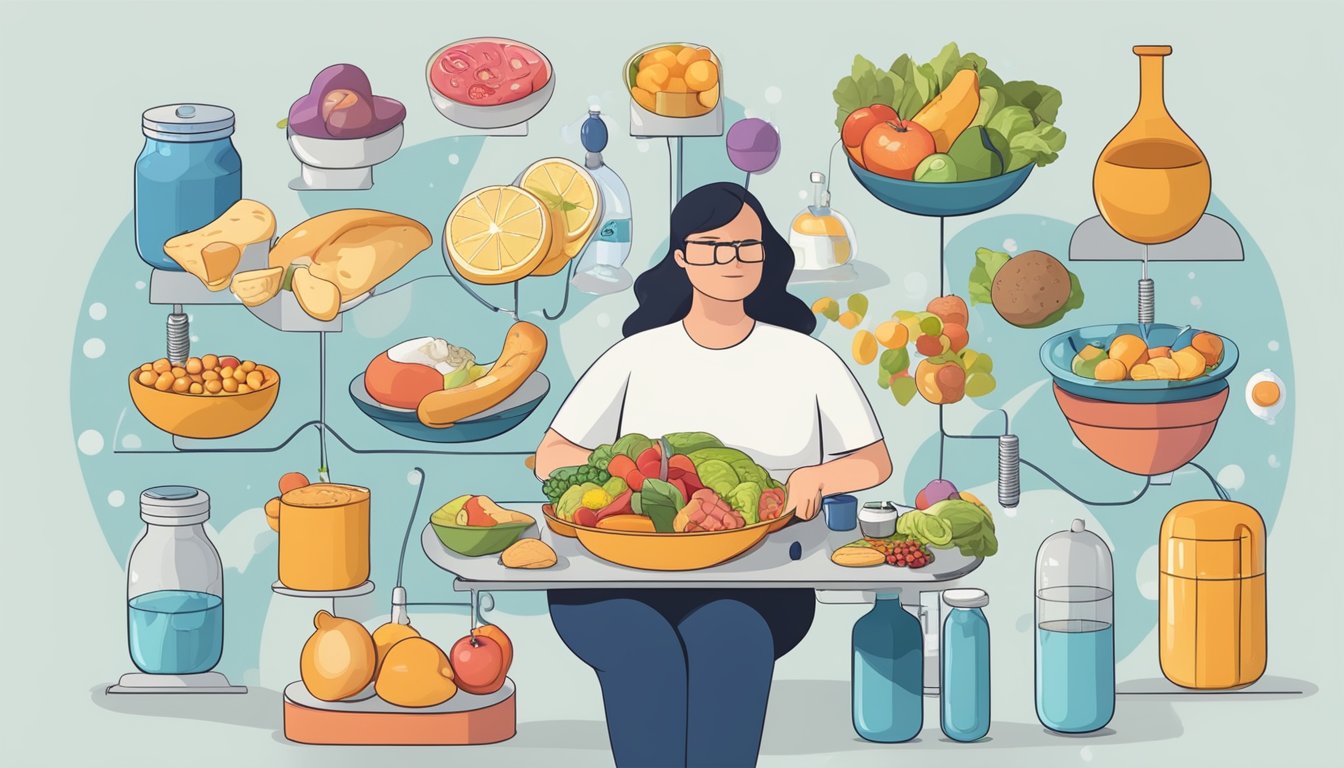 A person with diabetes surrounded by various food items, with hormone molecules and weight scales in the background