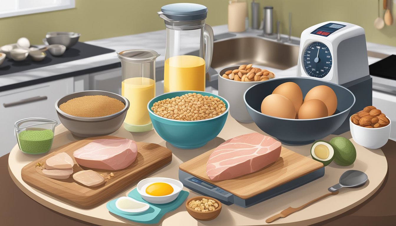 A kitchen counter with a variety of healthy protein sources such as lean meats, eggs, dairy products, nuts, and seeds. A set of measuring cups and a food scale are also present for portion control