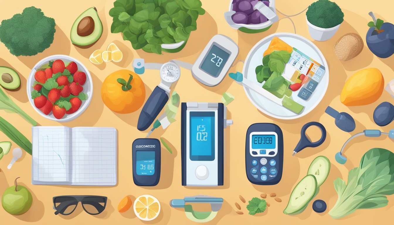 A person with diabetes checking their blood sugar levels using a glucometer, surrounded by healthy food, exercise equipment, and a journal for tracking progress