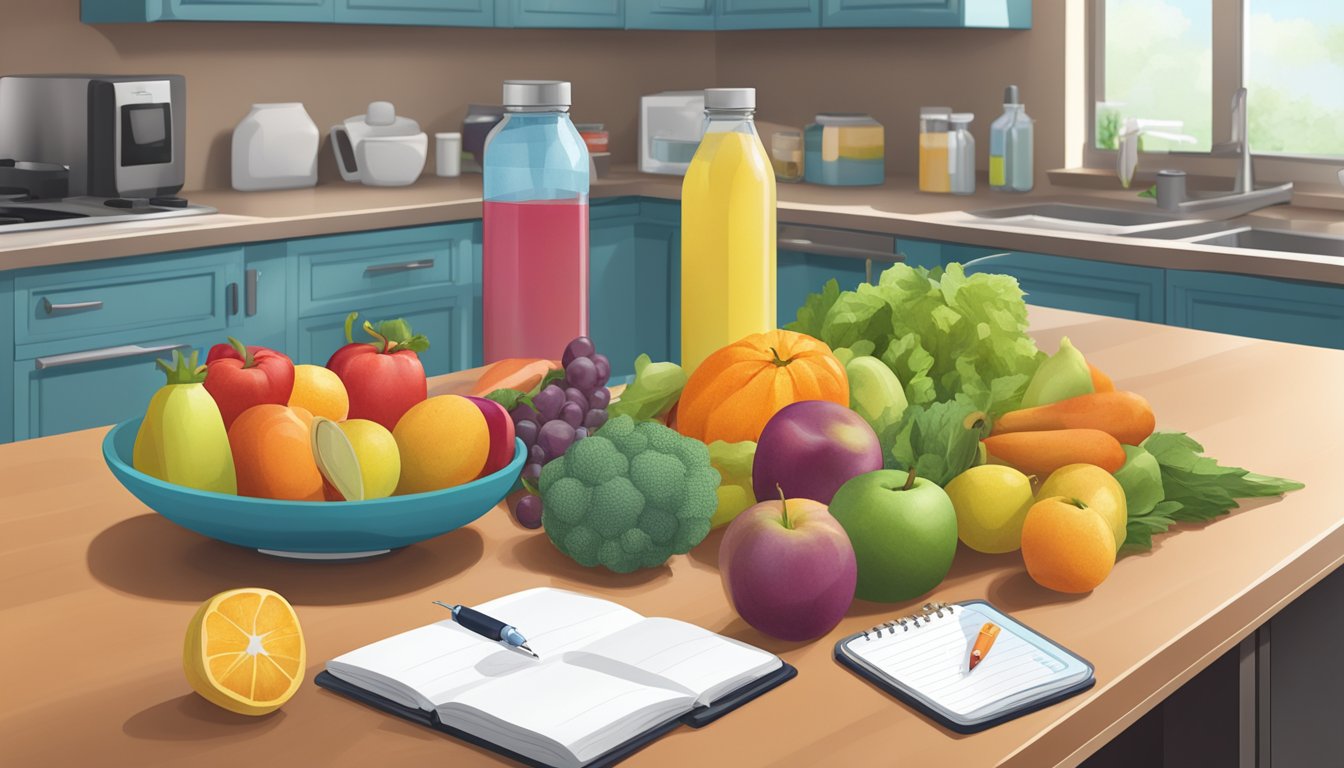 A kitchen counter with a variety of colorful fruits, vegetables, and water bottles arranged neatly next to a blood glucose monitor and a journal for tracking progress