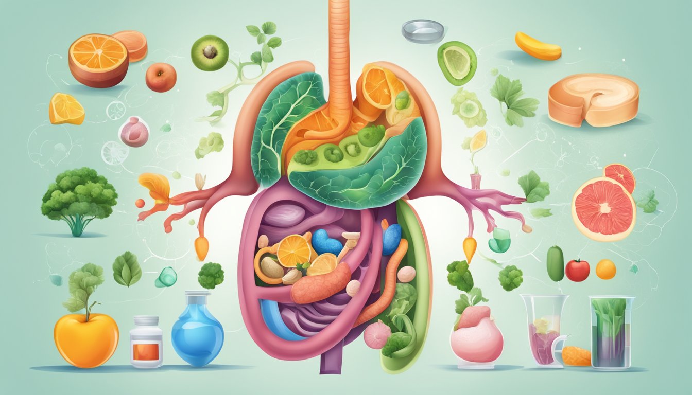 A colorful illustration of a healthy digestive system with a focus on the gut, surrounded by symbols representing diabetes and weight management