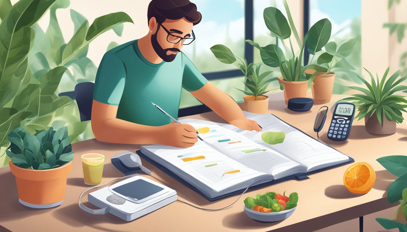 A person sitting at a desk with a journal, a blood glucose monitor, and a healthy meal, surrounded by plants and natural light