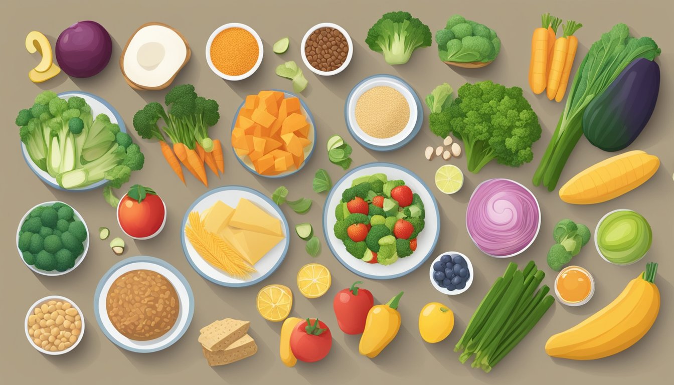 A table filled with a variety of low glycemic index foods, such as vegetables, fruits, whole grains, and lean proteins, with a focus on portion control and balanced meals