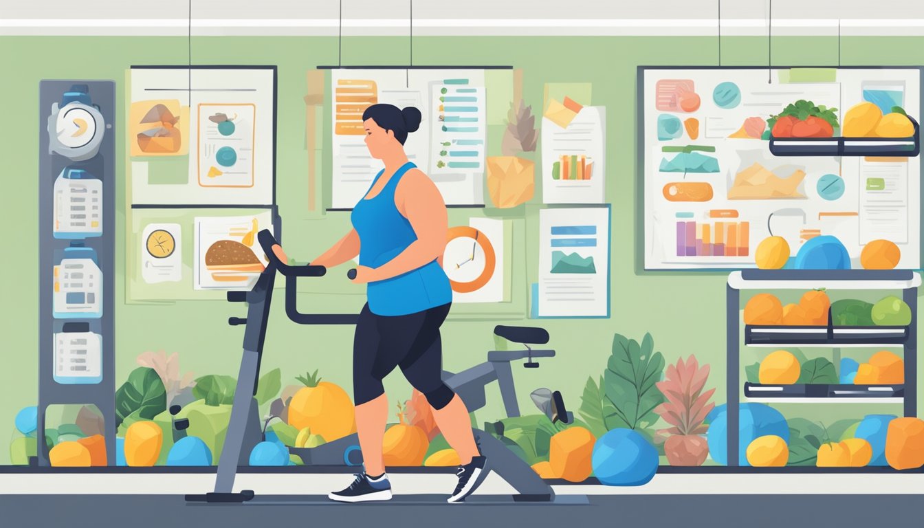 A diabetic person adjusting their fitness plan, facing a plateau in their weight loss journey, surrounded by gym equipment and healthy food options