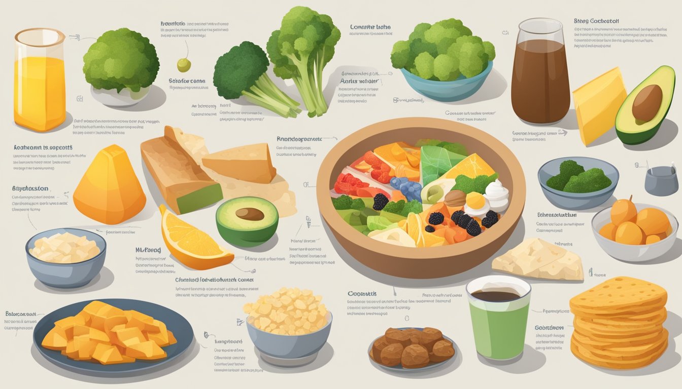 A table with a variety of foods categorized by their glycemic index values, surrounded by charts and graphs showing weight control data