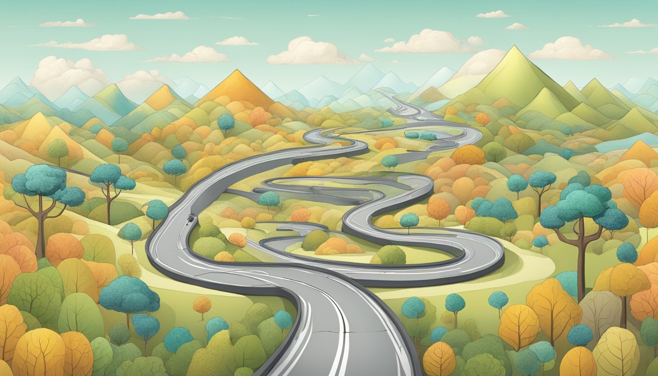 A diabetic weight loss journey: a winding road with occasional plateaus, surrounded by supportive tools and resources, leading towards a distant goal