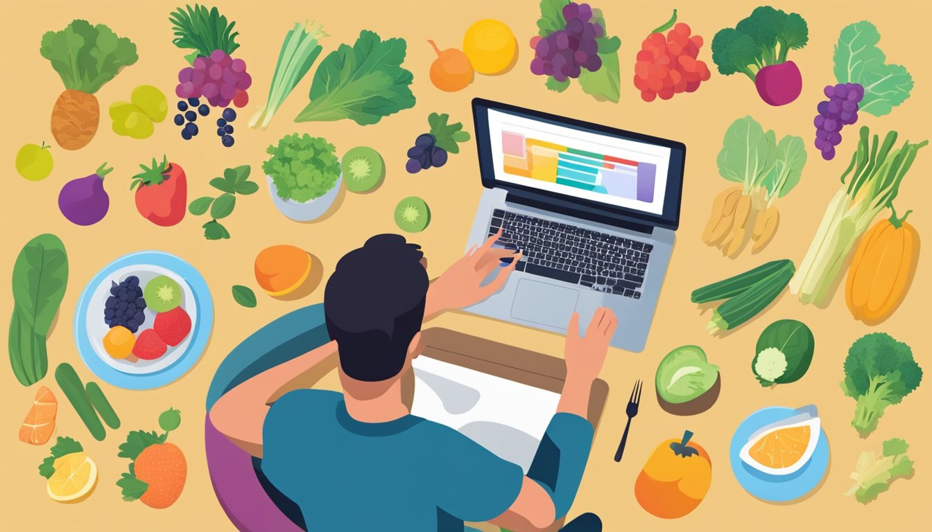 A person sitting at a table with a balanced meal, surrounded by colorful fruits and vegetables. A journal and a mindfulness app are nearby, indicating self-reflection and emotional awareness