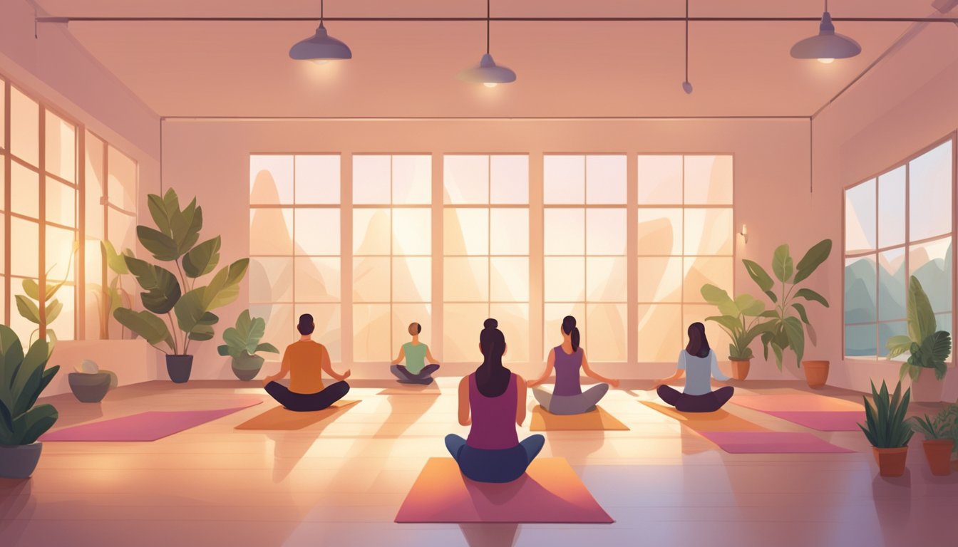 A serene yoga studio with a warm, inviting atmosphere. A group of people practicing yoga poses, surrounded by calming decor and soft lighting