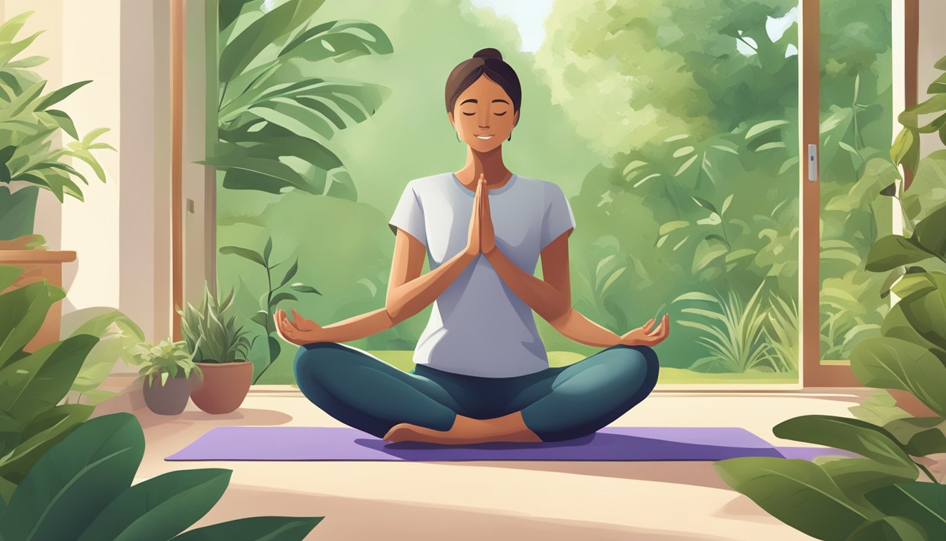 A person with diabetes practices yoga in a serene outdoor setting, surrounded by lush greenery and a peaceful atmosphere