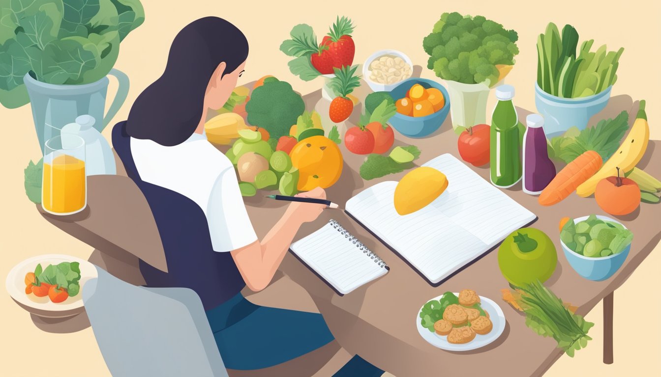 A person sitting at a table writing in a food diary while surrounded by various healthy food items such as fruits, vegetables, and lean proteins