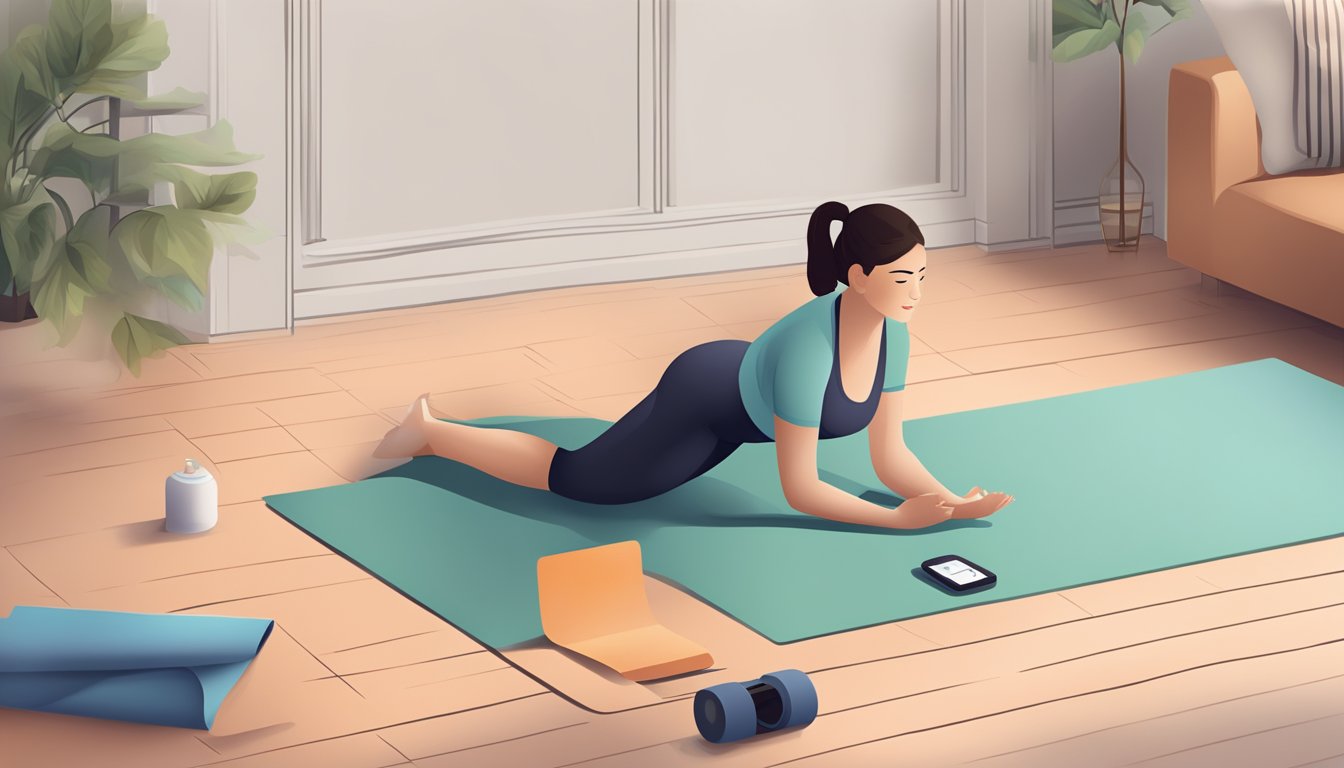 A person doing yoga poses with a yoga mat and a blood glucose monitor nearby