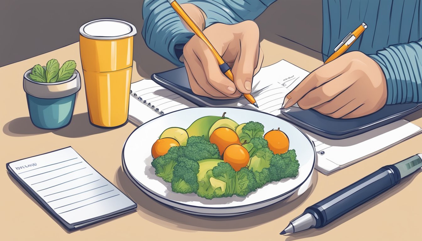 A person writing in a food diary with a plate of healthy food and a scale nearby