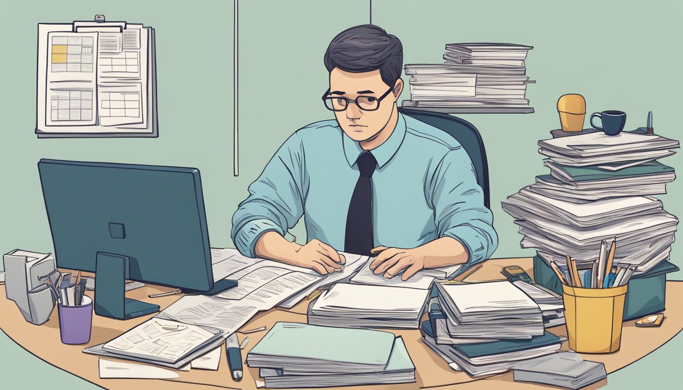 A person sitting at a cluttered desk, surrounded by papers, a computer, and a stack of medical books. A worried expression on their face as they try to manage their diabetes and weight