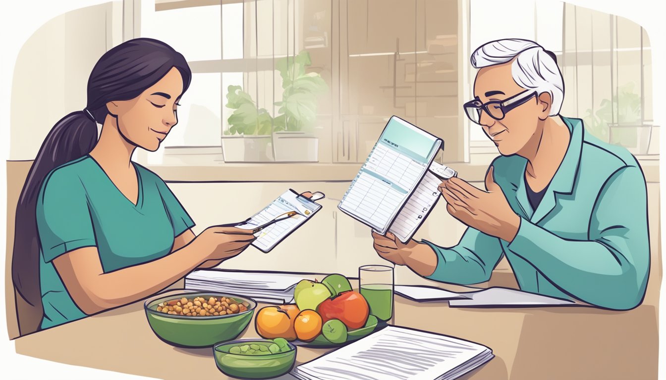 A healthcare professional reviewing a food diary with a diabetic patient, discussing the benefits of tracking food intake for weight loss