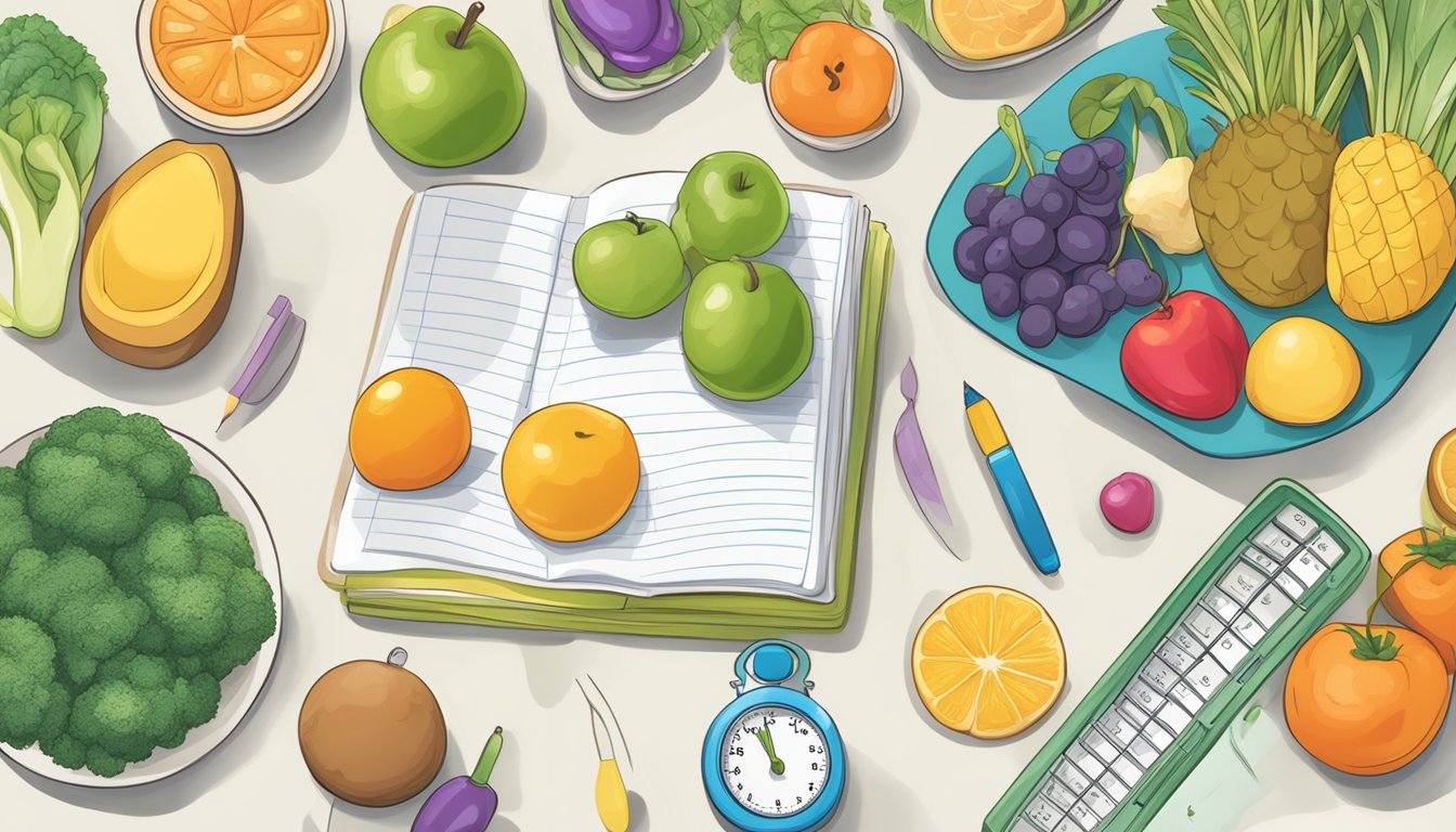 A person's hand writing in a food diary, surrounded by healthy food items and a scale