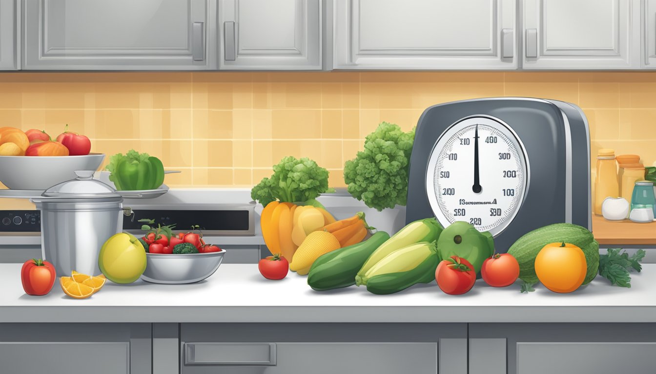 A kitchen counter with fresh fruits, vegetables, and a scale. A person's running shoes are placed nearby, indicating a commitment to physical activity