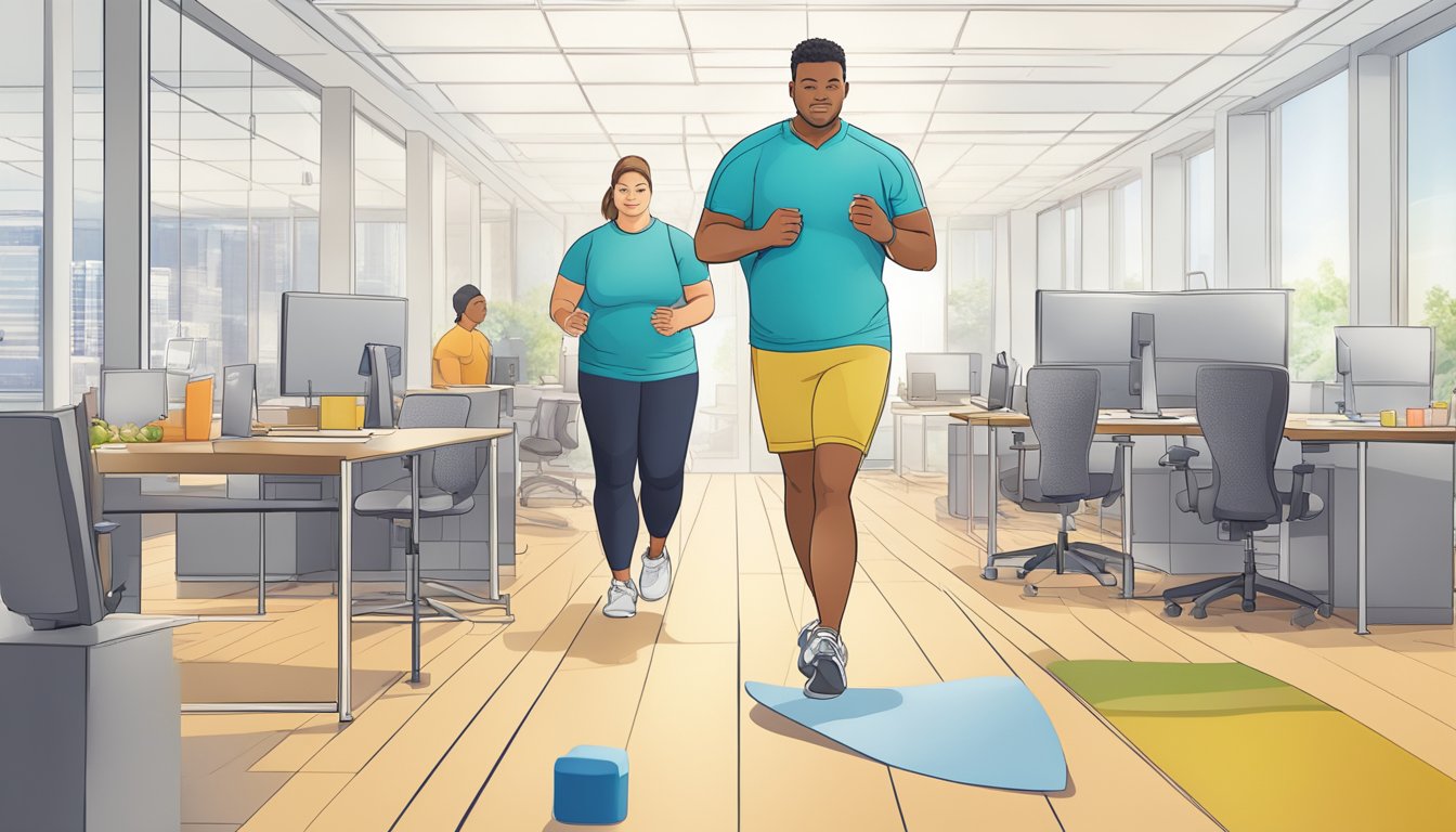 A person with diabetes navigating through a challenging workplace environment while incorporating exercise and physical activity into their weight loss journey