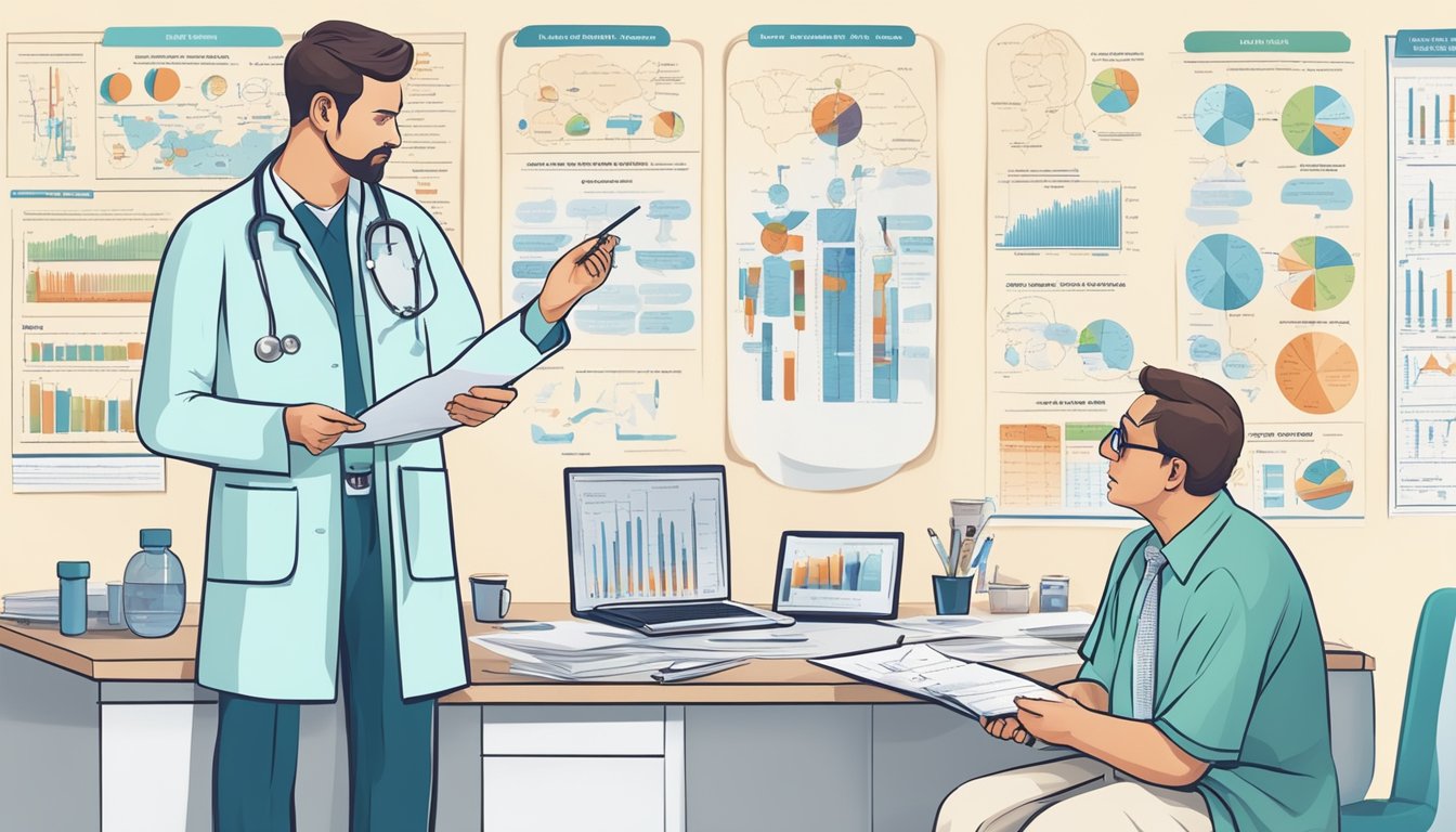 A doctor explaining body composition changes to a diabetic patient, surrounded by medical charts and diagrams