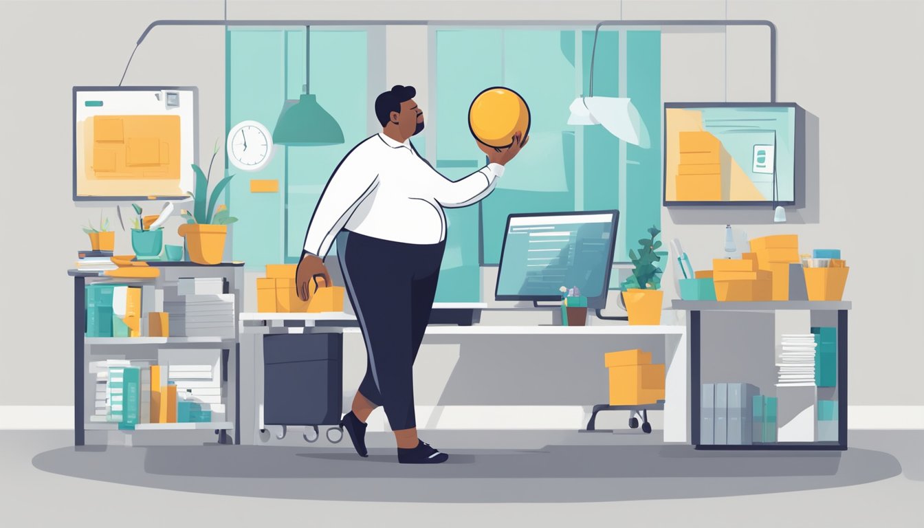 A person with diabetes navigating workplace stress while focusing on weight loss. The scene could depict a person juggling work demands and self-care efforts