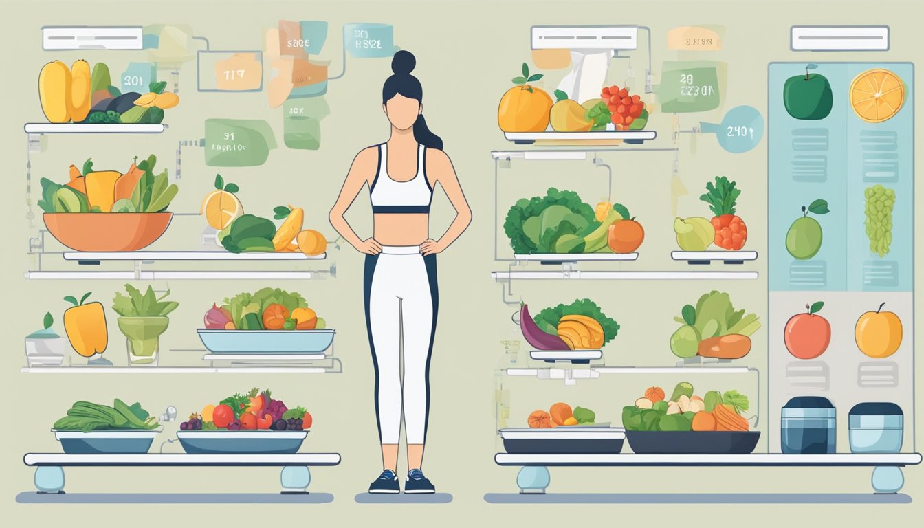 A person standing on a scale, surrounded by healthy food and exercise equipment, with a chart showing body composition changes over time