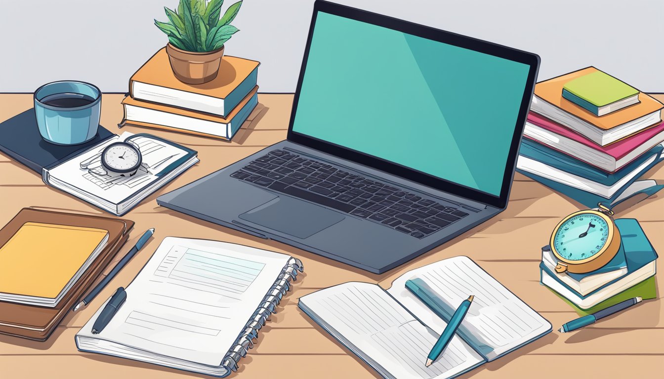 A desk with a laptop, notebook, and pen. A stack of books on diabetes and weight loss. A poster with helpful tips