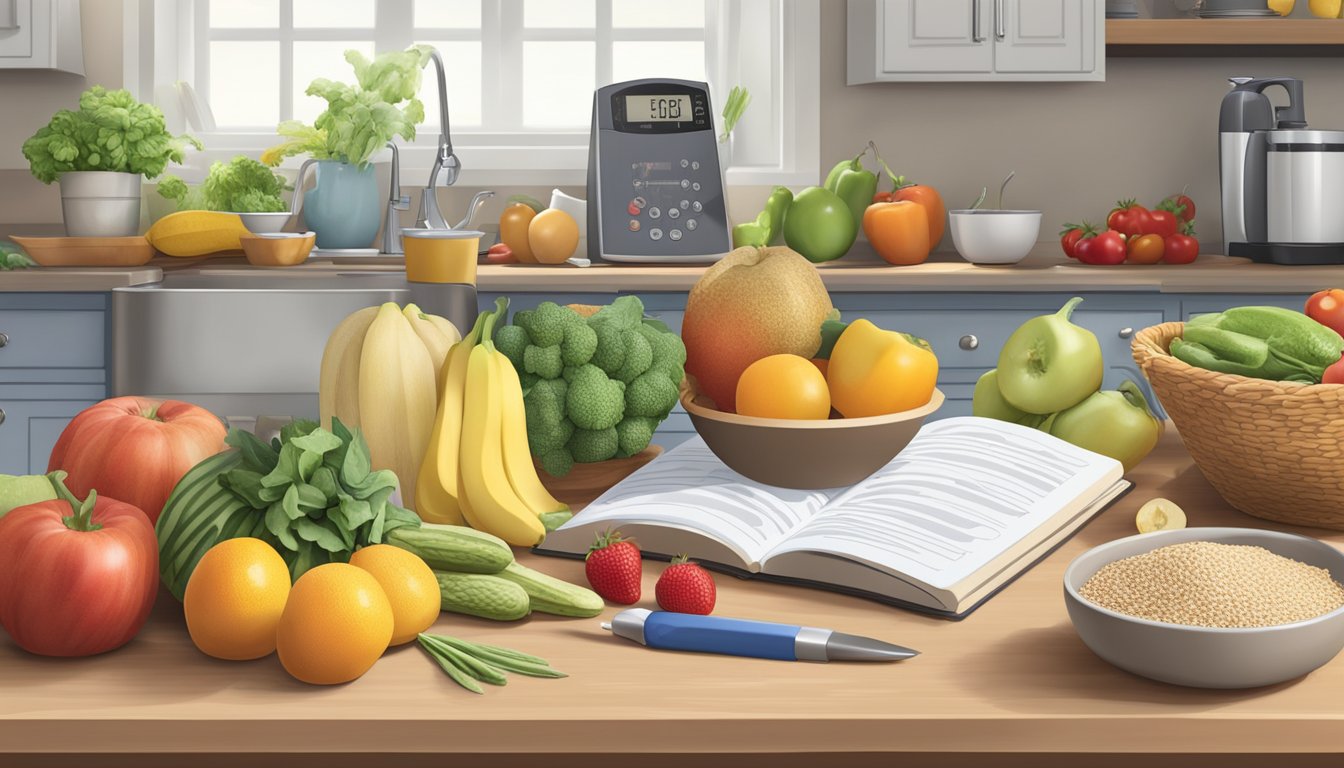 A kitchen counter with a variety of fresh fruits, vegetables, and whole grains. A cookbook open to a page on diabetes-friendly recipes. A scale and measuring cups nearby