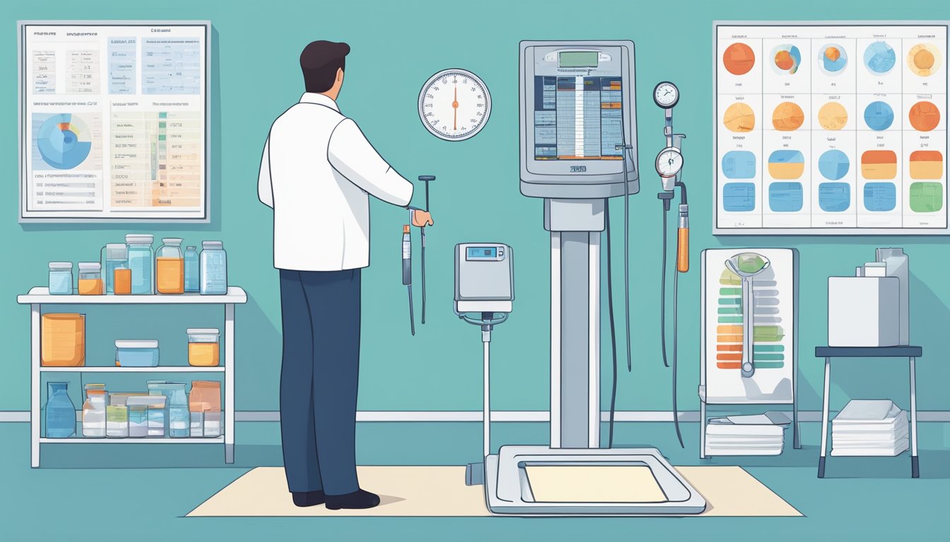 A person with diabetes standing on a scale, surrounded by medical charts and equipment, with a focus on the body composition analysis process