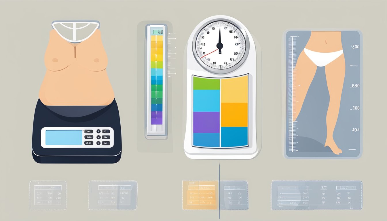 A scale with a body composition analyzer, a tape measure, and a chart showing weight and body fat percentage changes