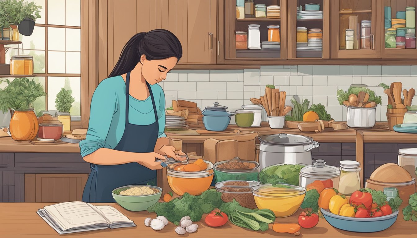 A person in a kitchen, surrounded by cookbooks and ingredients, measuring out portions and substituting ingredients in traditional family recipes to make them suitable for a diabetic weight loss journey