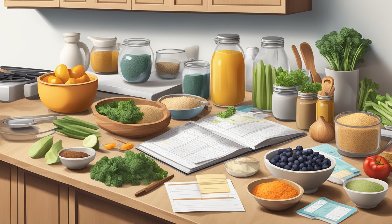 A kitchen counter with a variety of ingredients and cooking utensils laid out, surrounded by family recipe cards and a diabetic weight loss journal