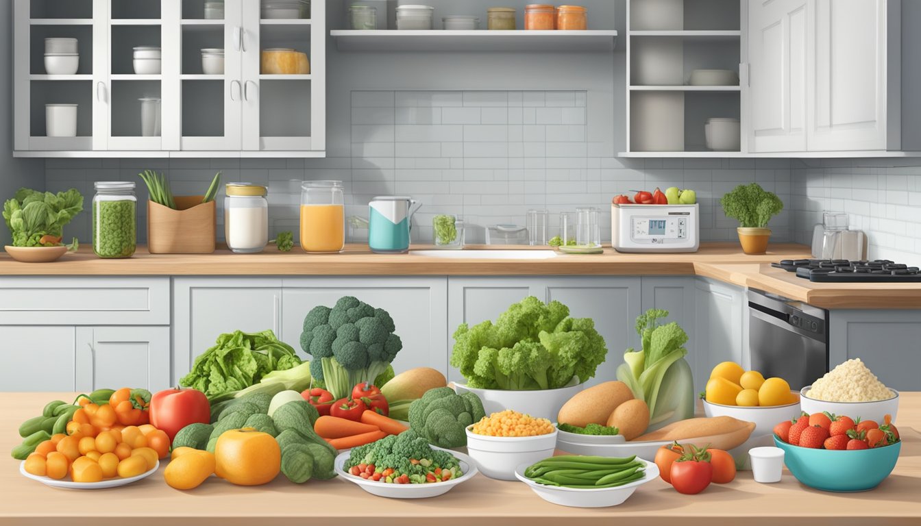 A kitchen counter with various containers filled with prepped meals, fresh fruits and vegetables, a scale, and a diabetes-friendly meal plan pinned to the wall for reference