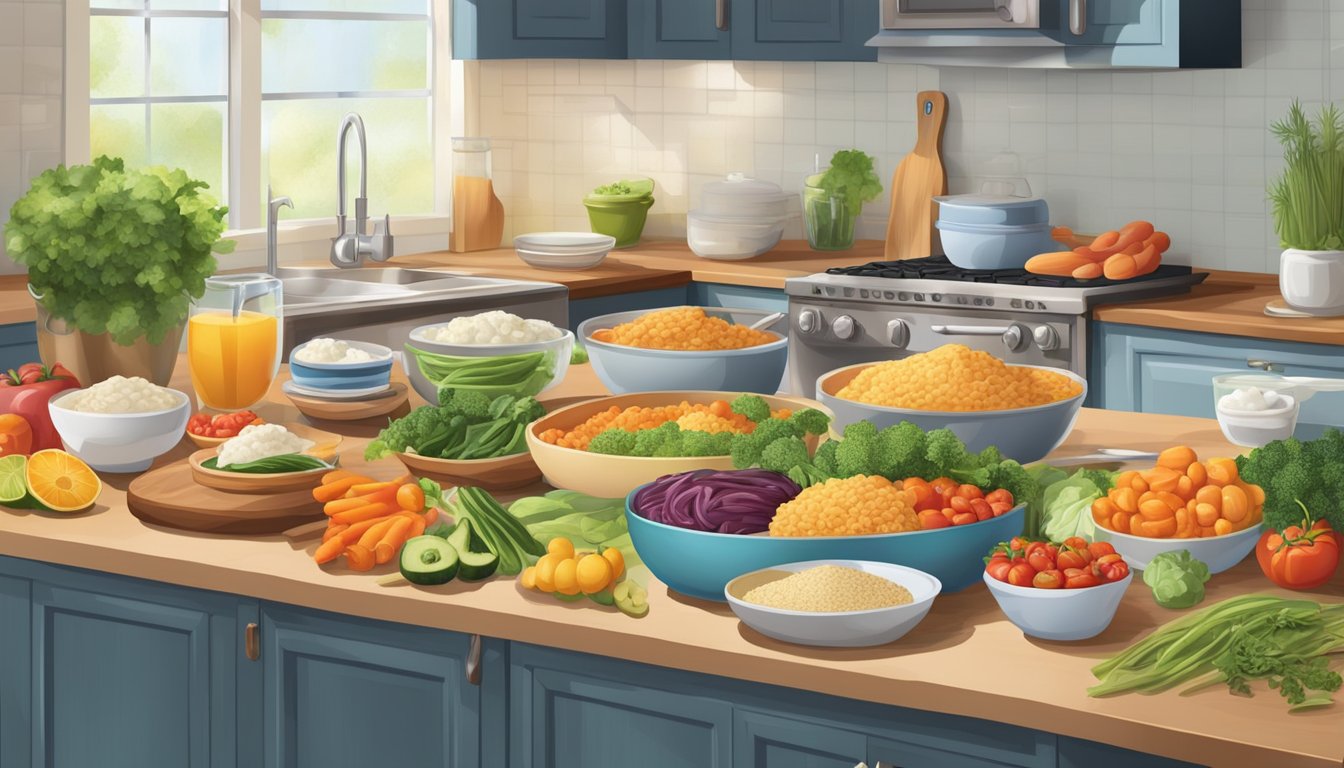 A kitchen counter with a variety of colorful, freshly prepared dishes, featuring a mix of traditional family recipes and healthy, diabetic-friendly adaptations