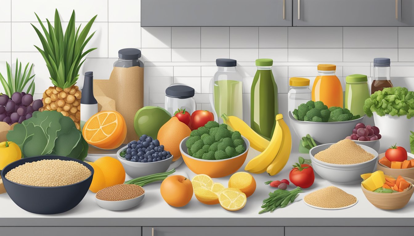 A kitchen counter with various fresh fruits, vegetables, lean proteins, and whole grains laid out for meal prepping