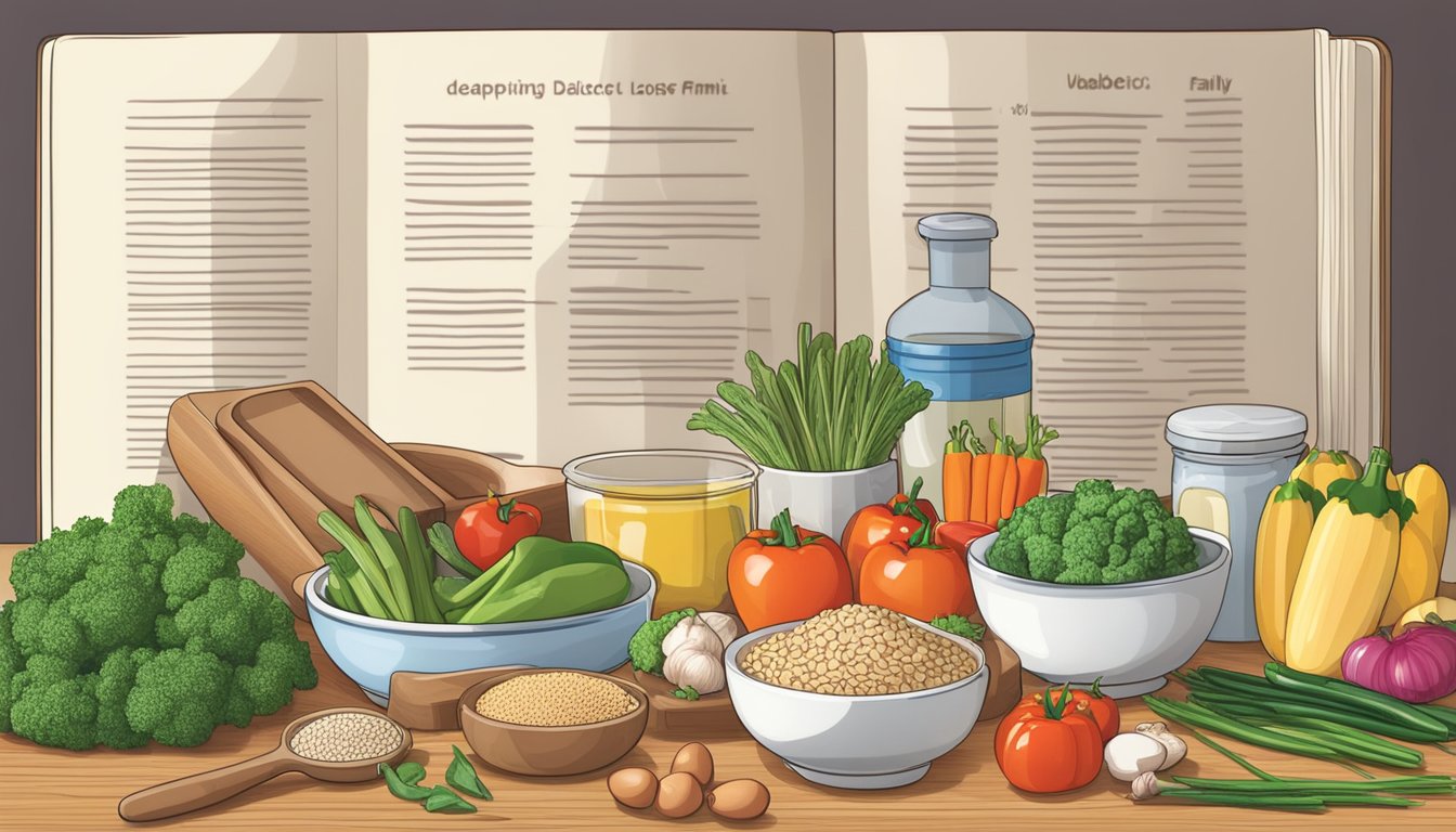 A kitchen counter with various cooking utensils and ingredients, including fresh vegetables, lean proteins, and whole grains. A cookbook open to a page titled "Adapting Family Recipes for Your Diabetic Weight Loss Journey" is nearby